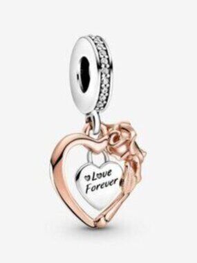 Pandora Heart & Rose Flower Dangle Charm